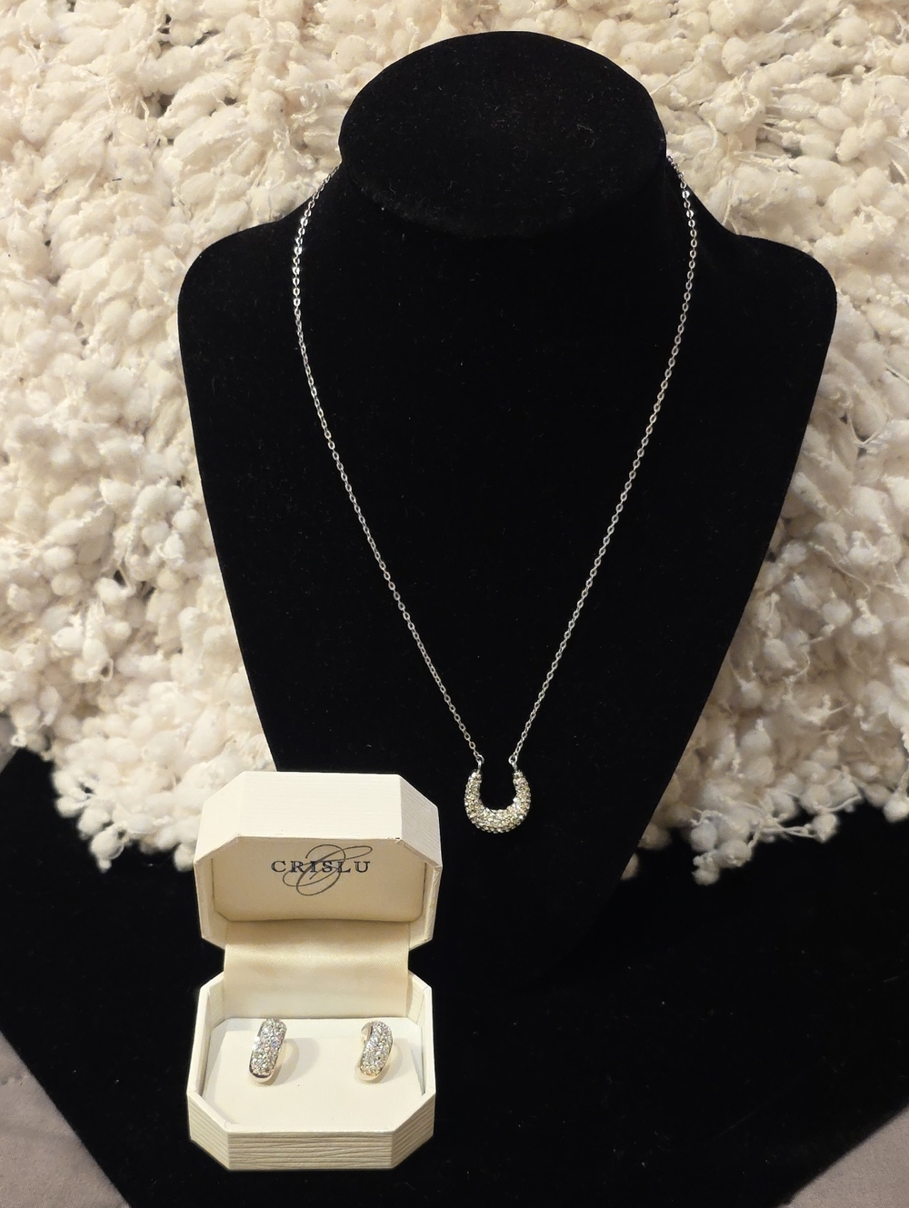 Crislu Silvertone Rhinestone Crystal Crescent Necklace with Matching Earrings